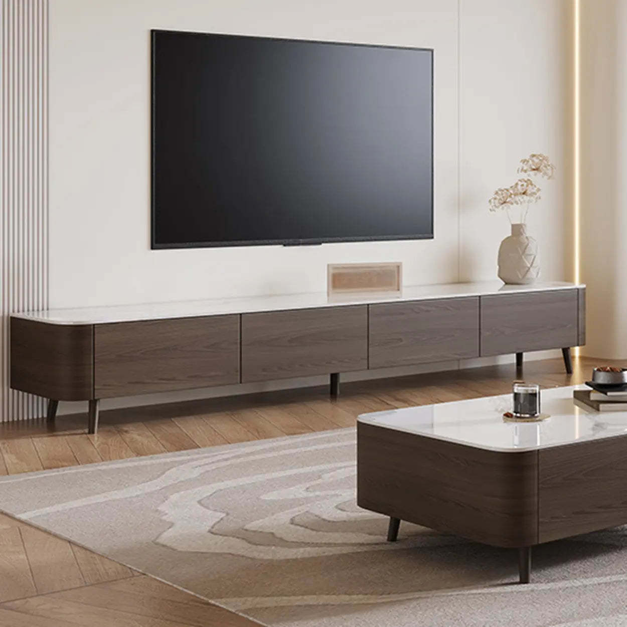 White Stone-Top Drawer TV Stand with Cable Management