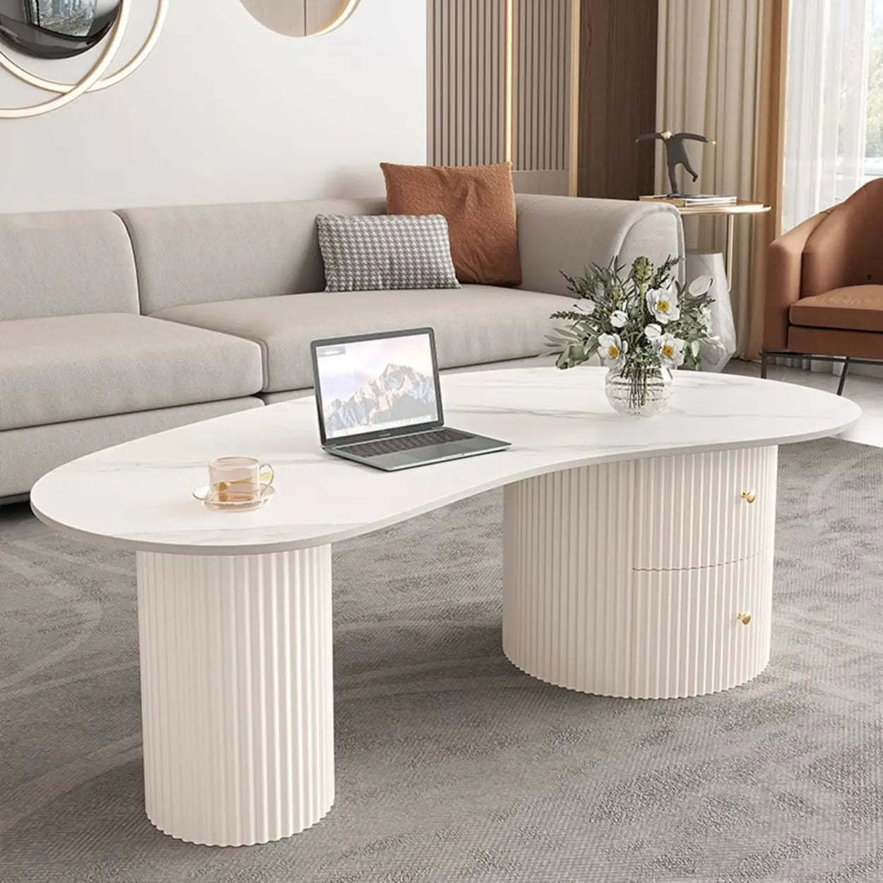 White Stone Free-Form Coffee Table with Drawers — Black