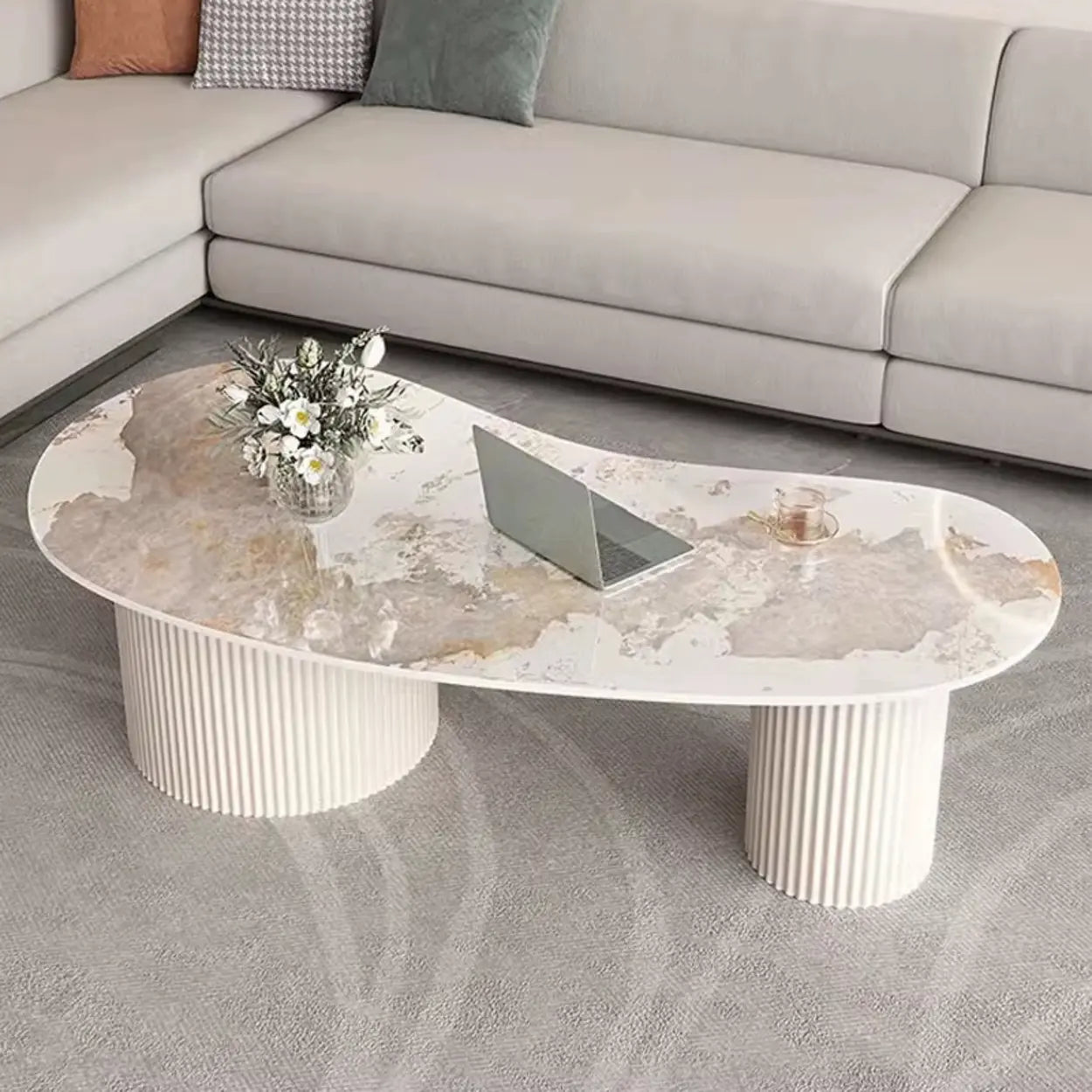 White Stone Free-Form Coffee Table with Drawers — White