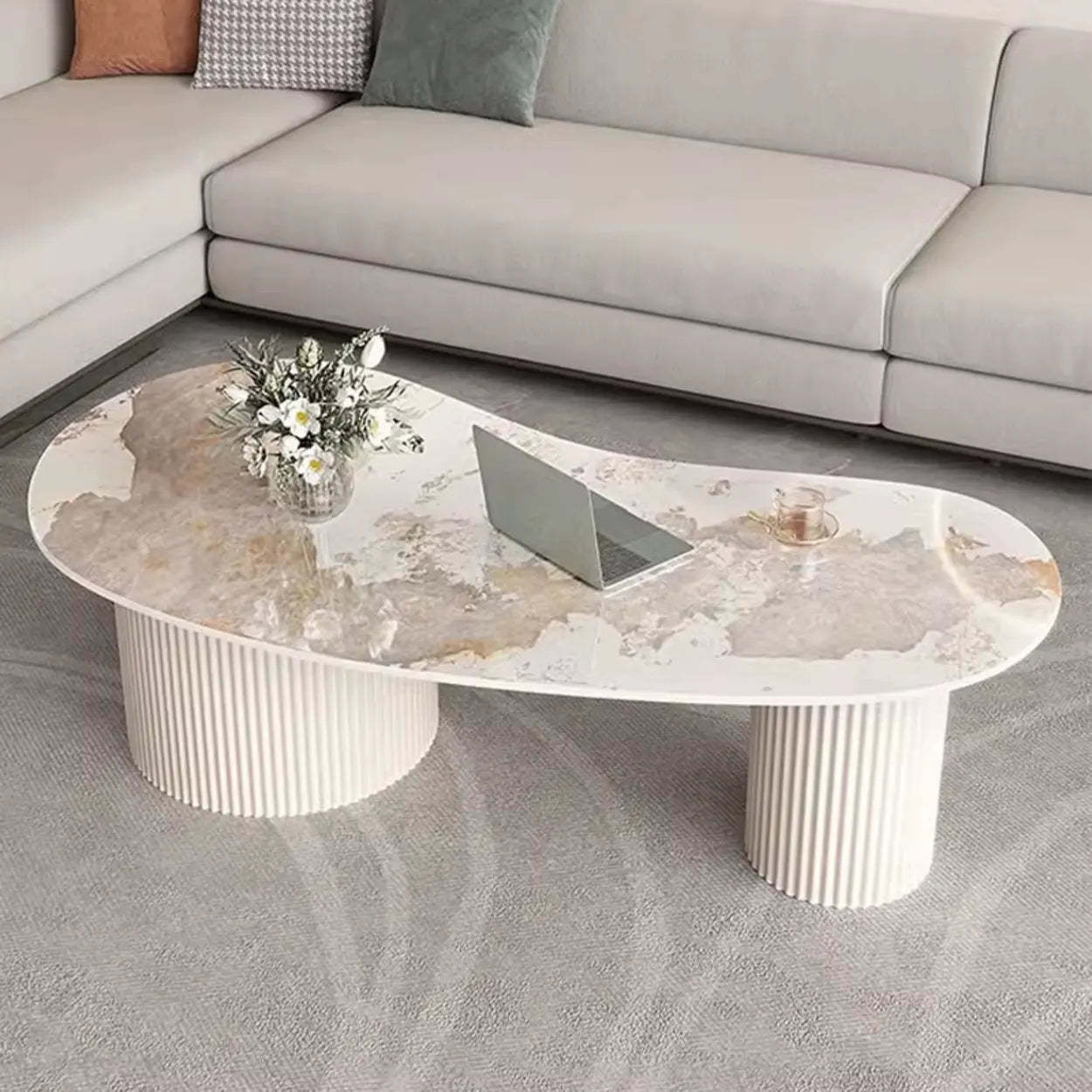White Stone Free-Form Coffee Table with Drawers — White
