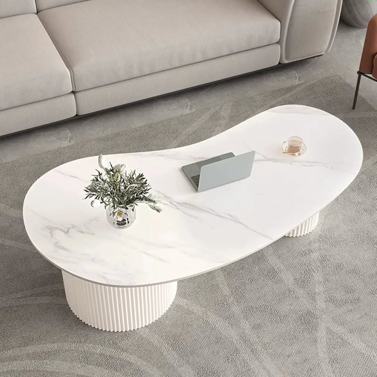 White Stone Free-Form Coffee Table with Drawers — Beige