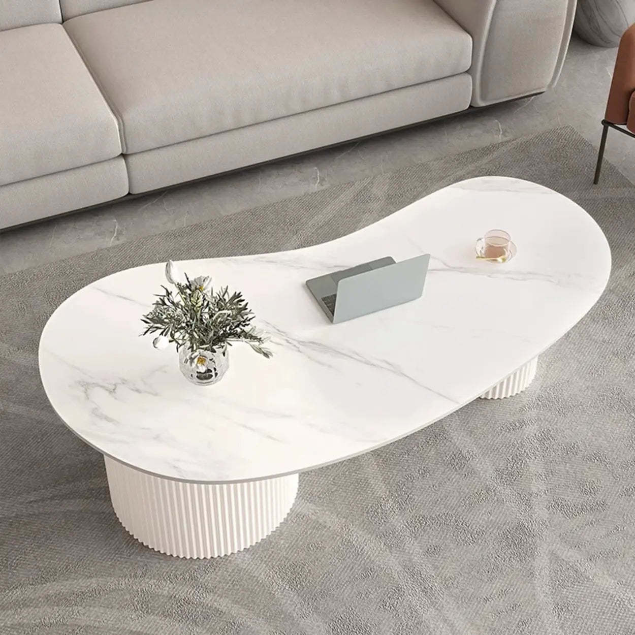 White Stone Free-Form Coffee Table with Drawers — Beige