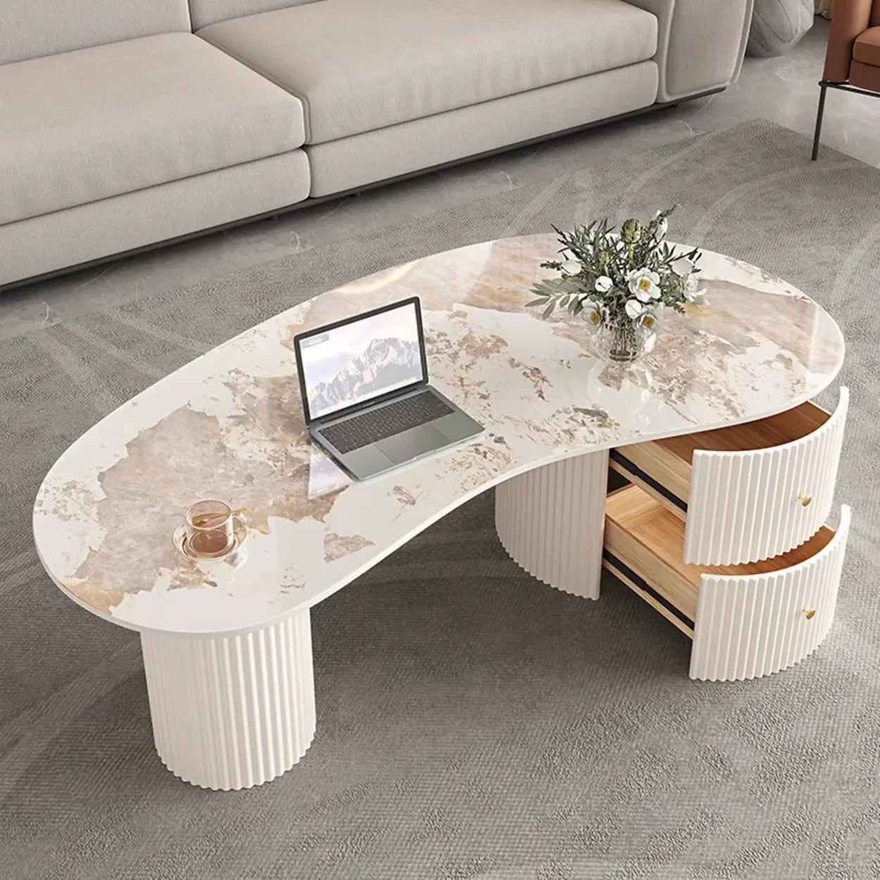White Stone Free-Form Coffee Table with Drawers — Black