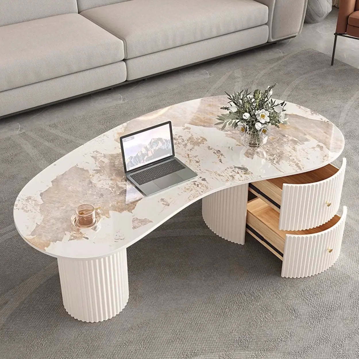 White Stone Free-Form Coffee Table with Drawers — Black
