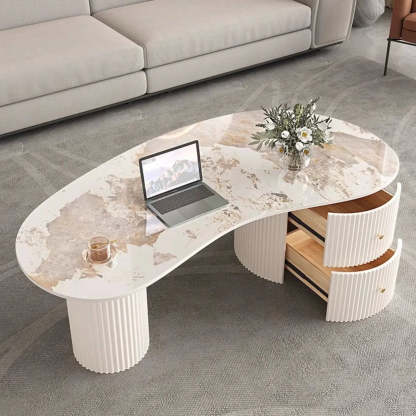 White Stone Free-Form Coffee Table with Drawers — Black