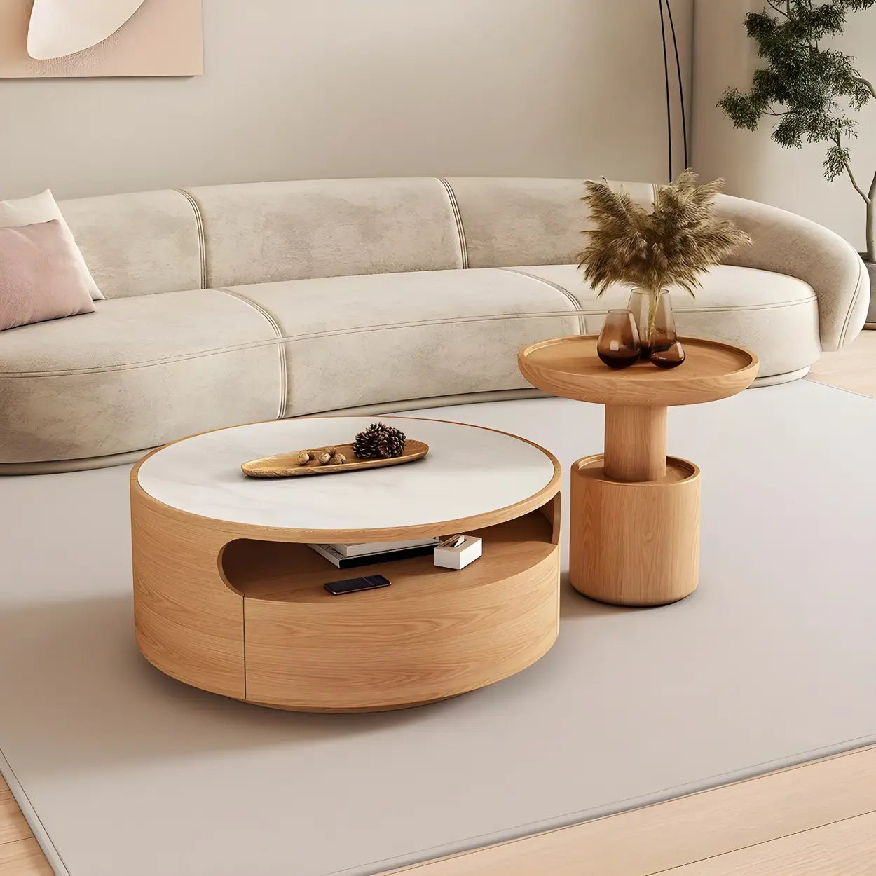 White Stone Tray Top Round Storage Coffee Table