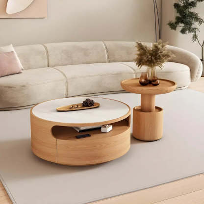 White Stone Tray Top Round Storage Coffee Table