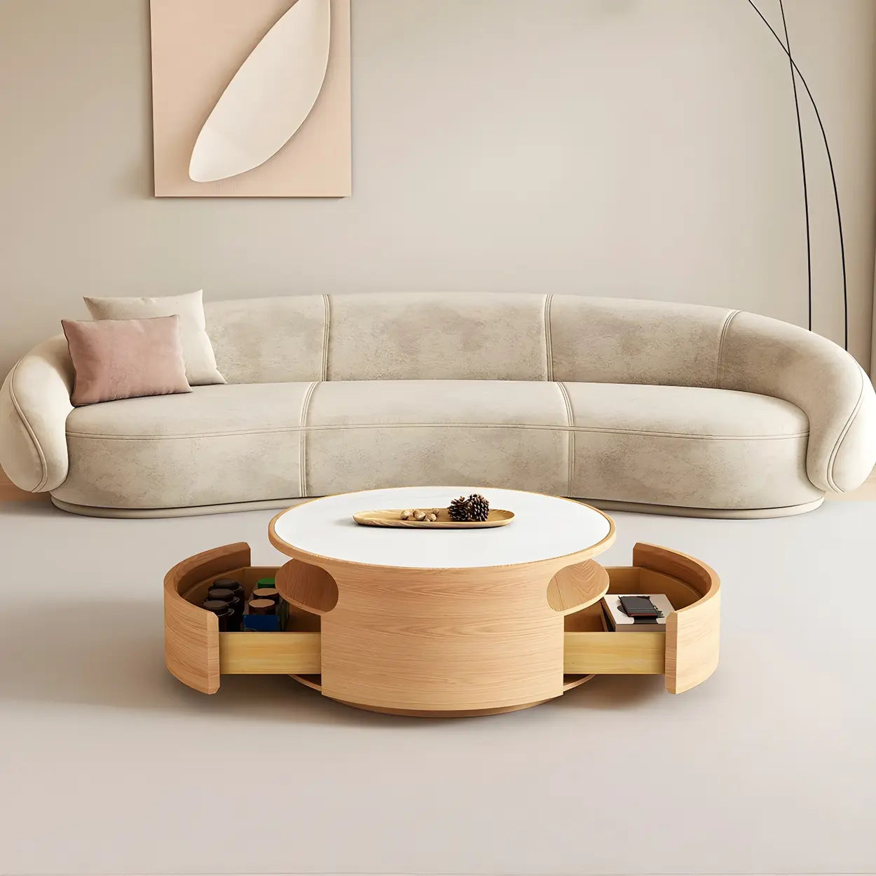 White Stone Tray Top Round Storage Coffee Table