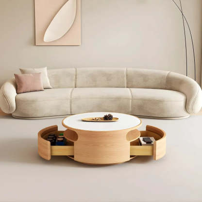 White Stone Tray Top Round Storage Coffee Table