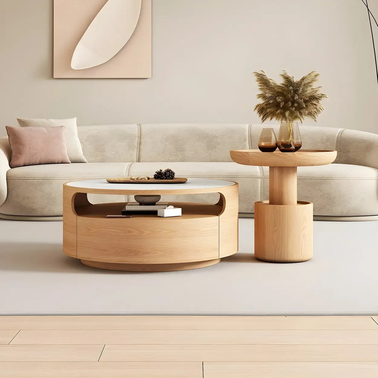 White Stone Tray Top Round Storage Coffee Table