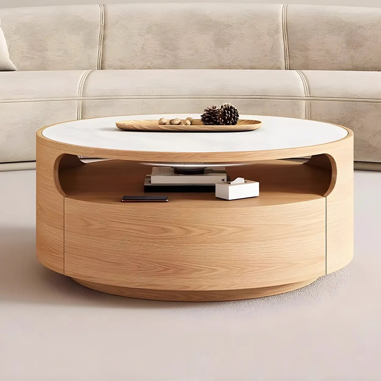 White Stone Tray Top Round Storage Coffee Table