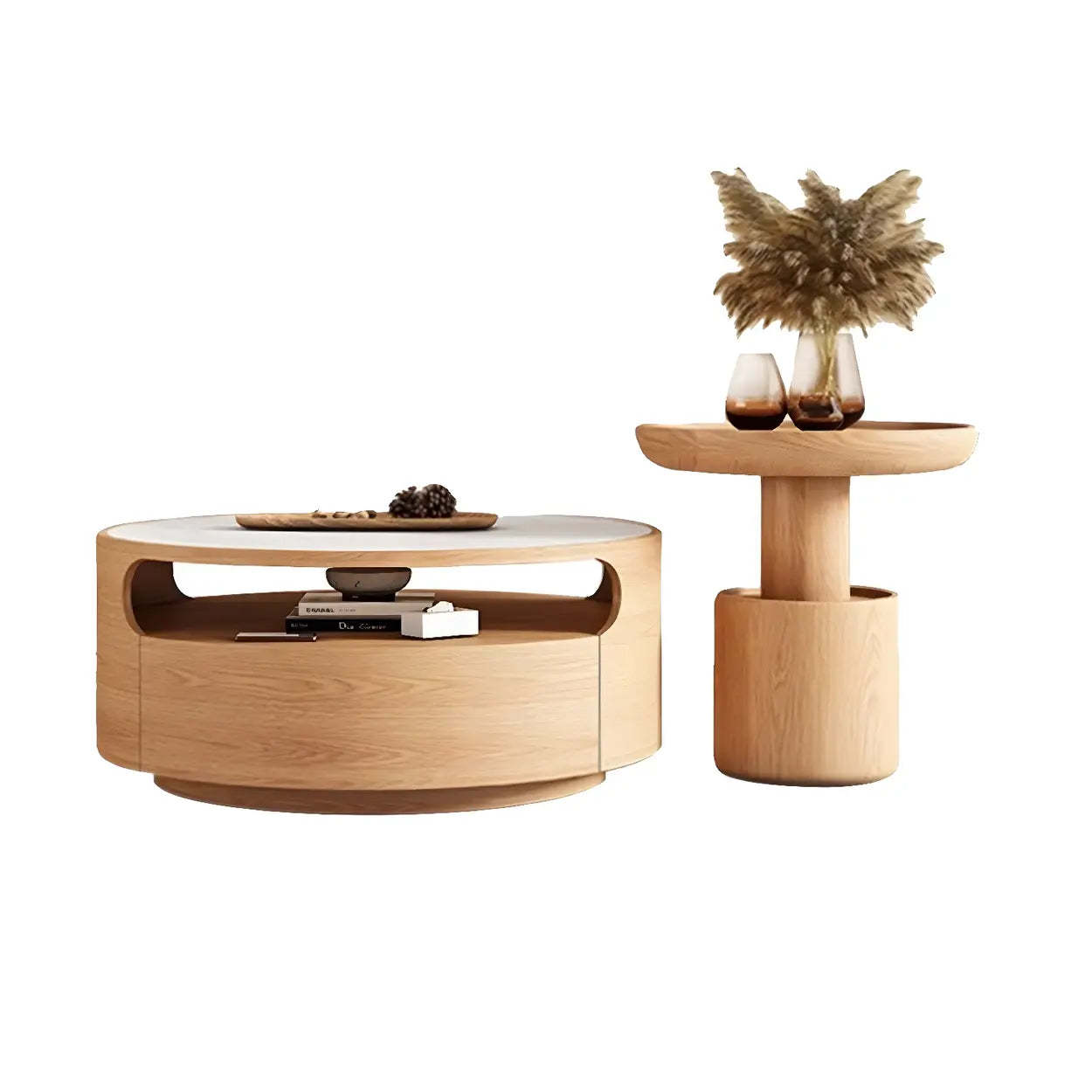 White Stone Tray Top Round Storage Coffee Table