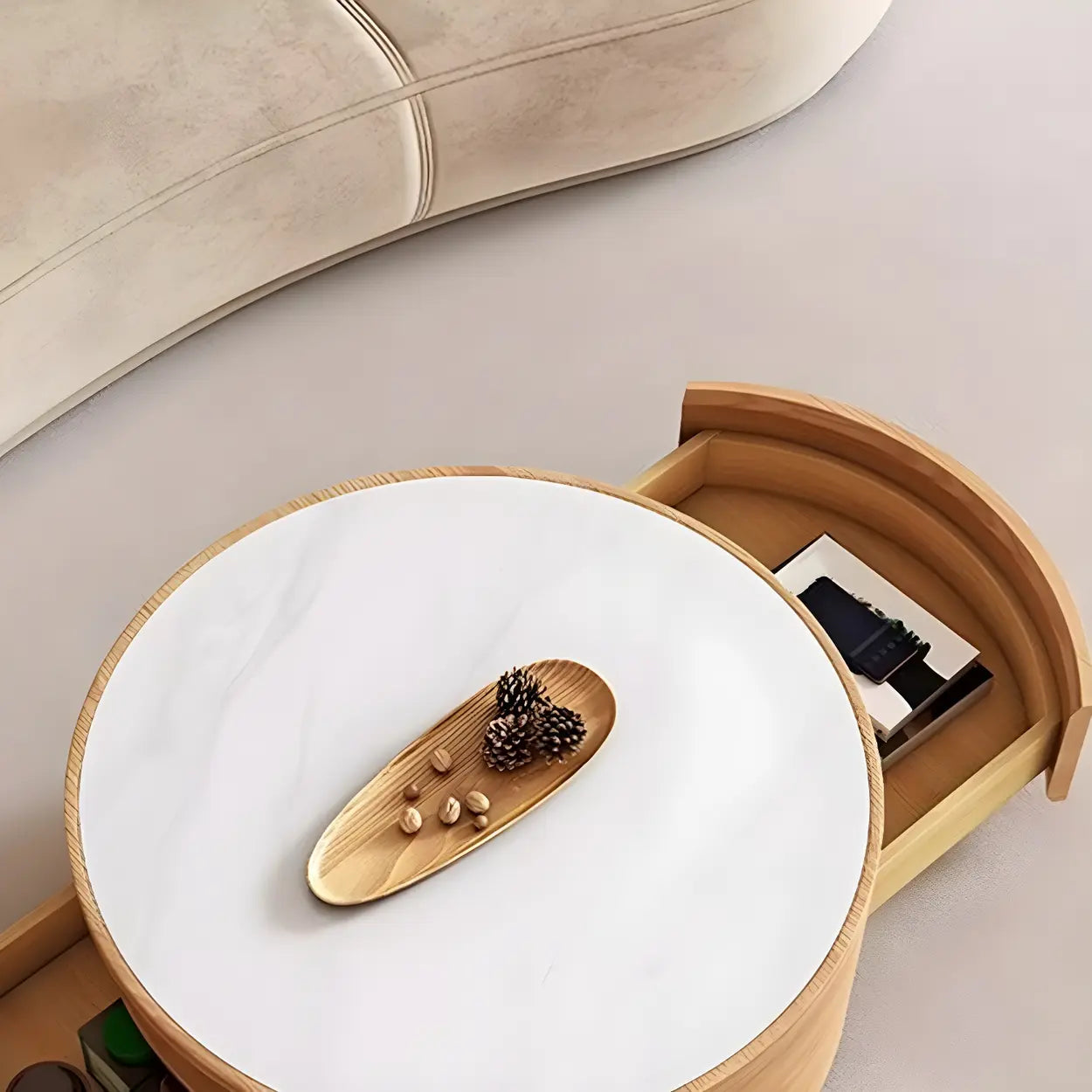 White Stone Tray Top Round Storage Coffee Table