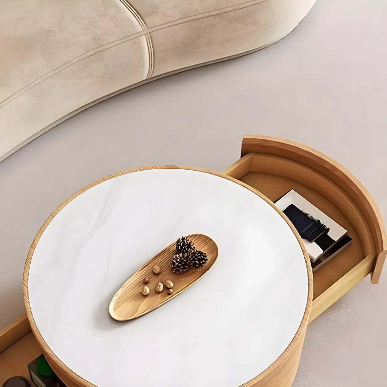 White Stone Tray Top Round Storage Coffee Table