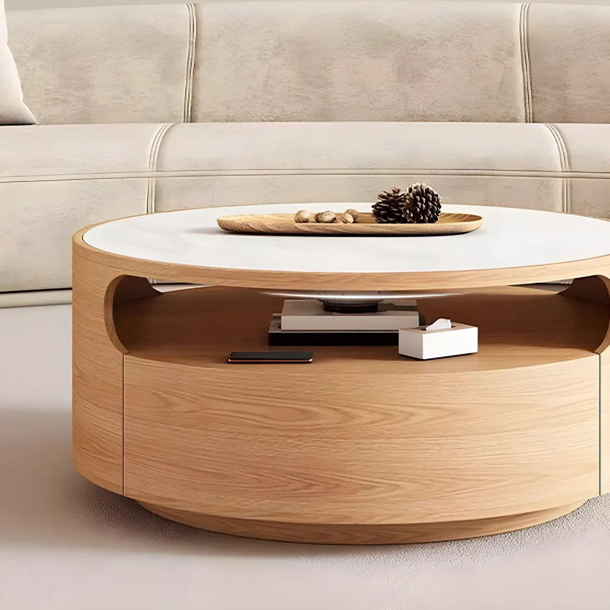 White Stone Tray Top Round Storage Coffee Table