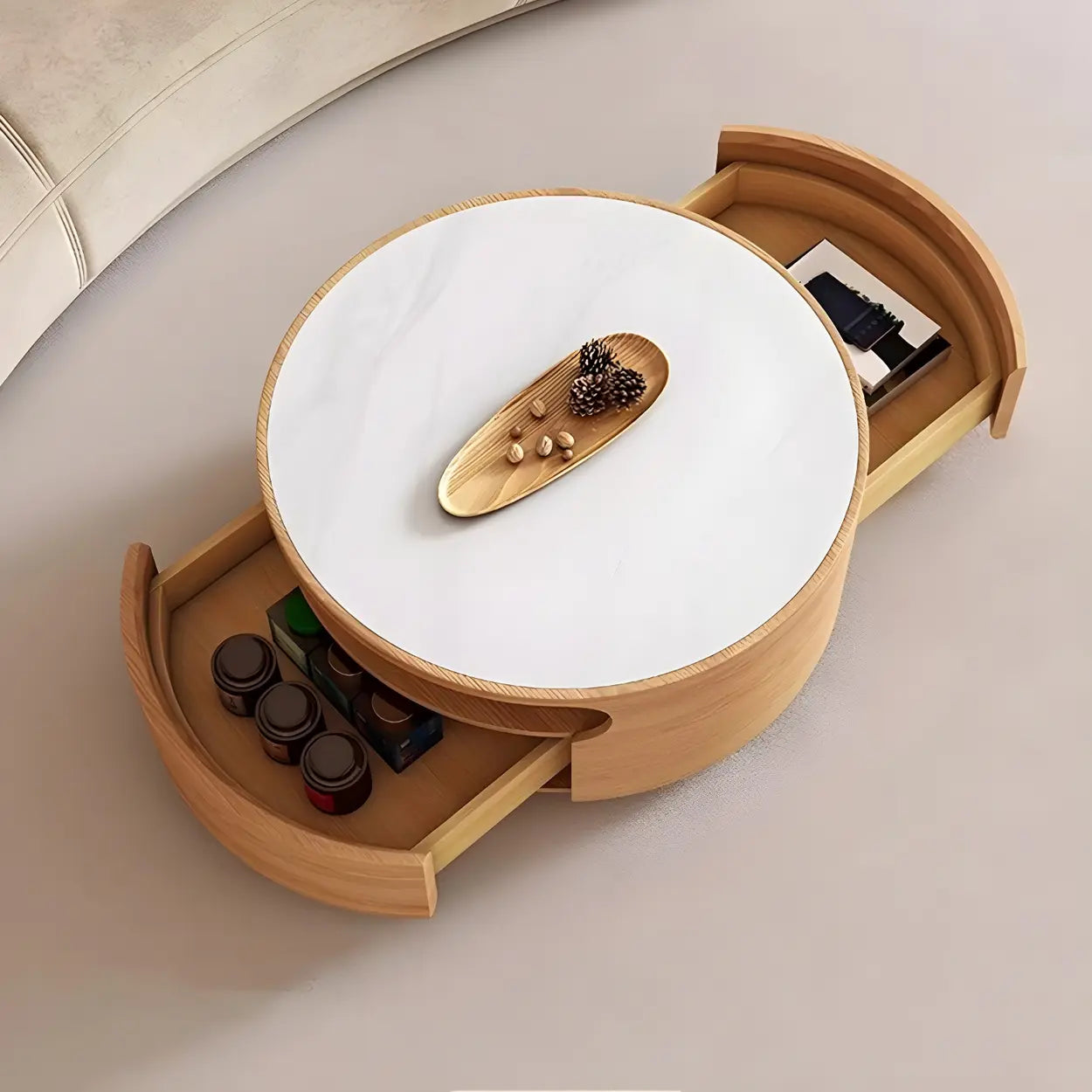 White Stone Tray Top Round Storage Coffee Table