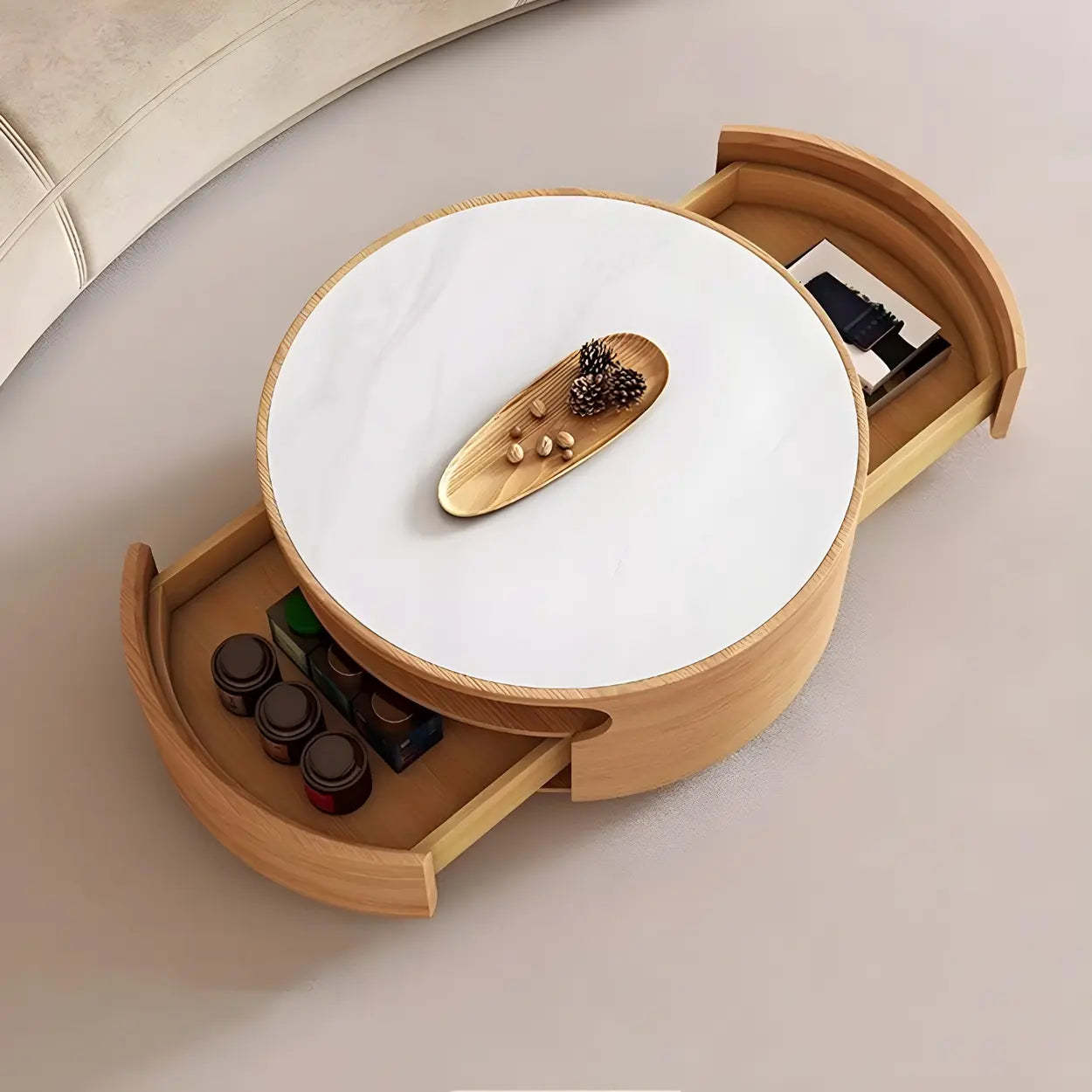 White Stone Tray Top Round Storage Coffee Table