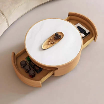 White Stone Tray Top Round Storage Coffee Table