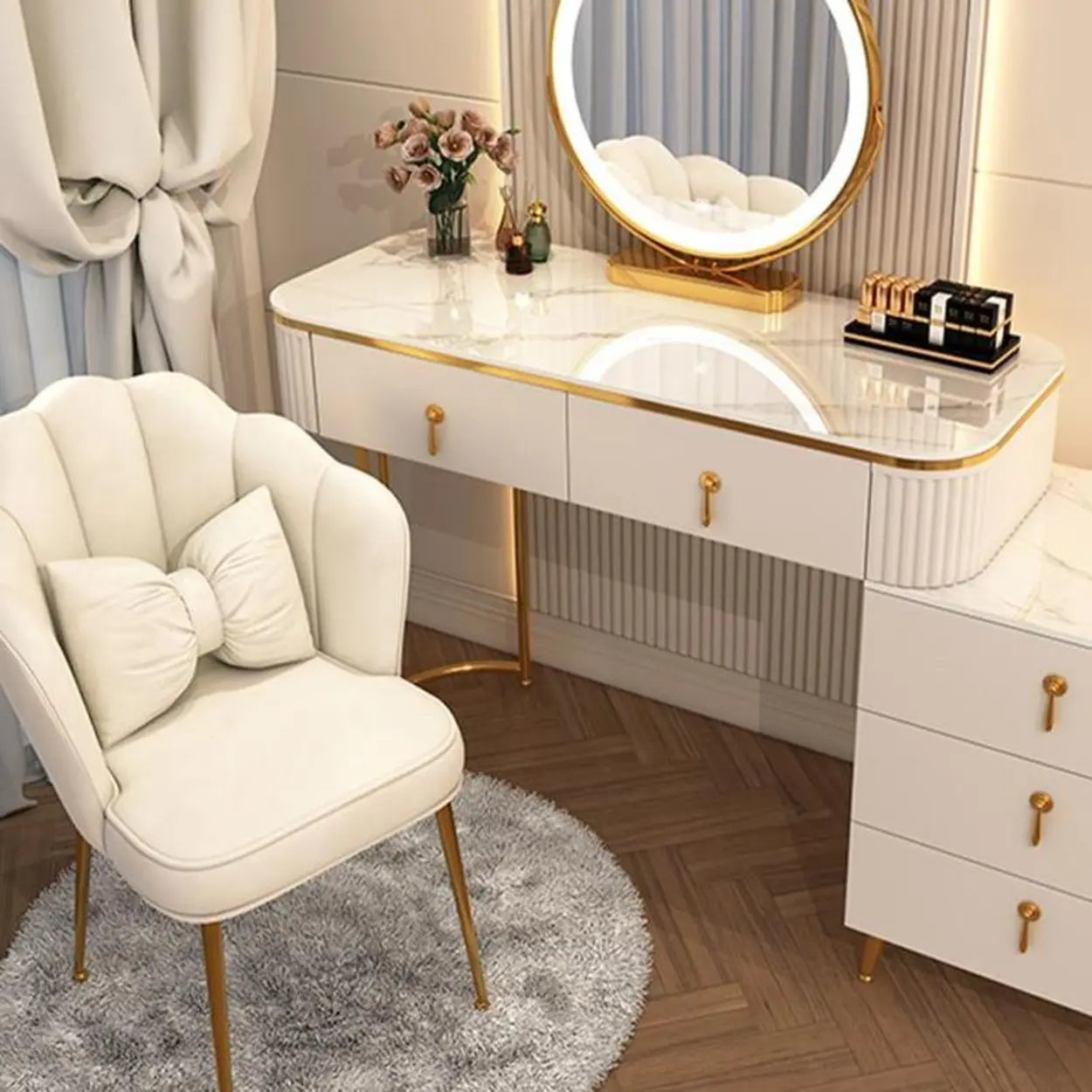 White Stone Wood Vanity with Drawers Mirror