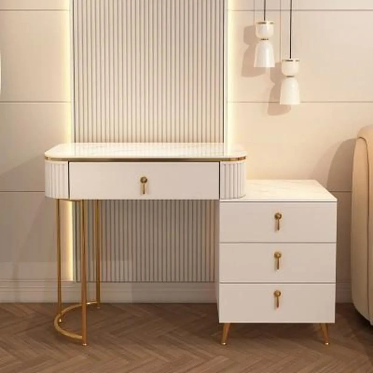 White Stone Wood Vanity with Drawers Mirror