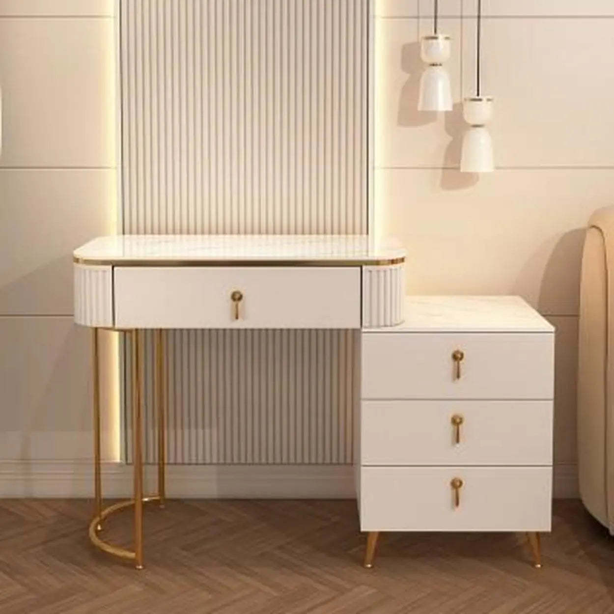 White Stone Wood Vanity with Drawers Mirror