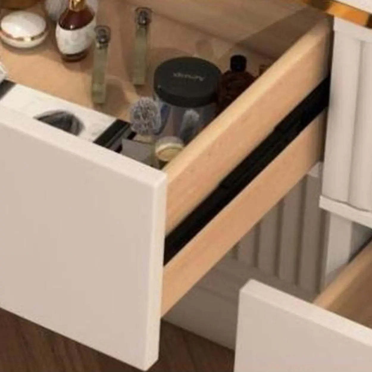 White Stone Wood Vanity with Drawers Mirror