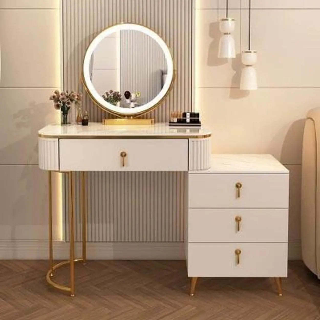 White Stone Wood Vanity with Drawers Mirror