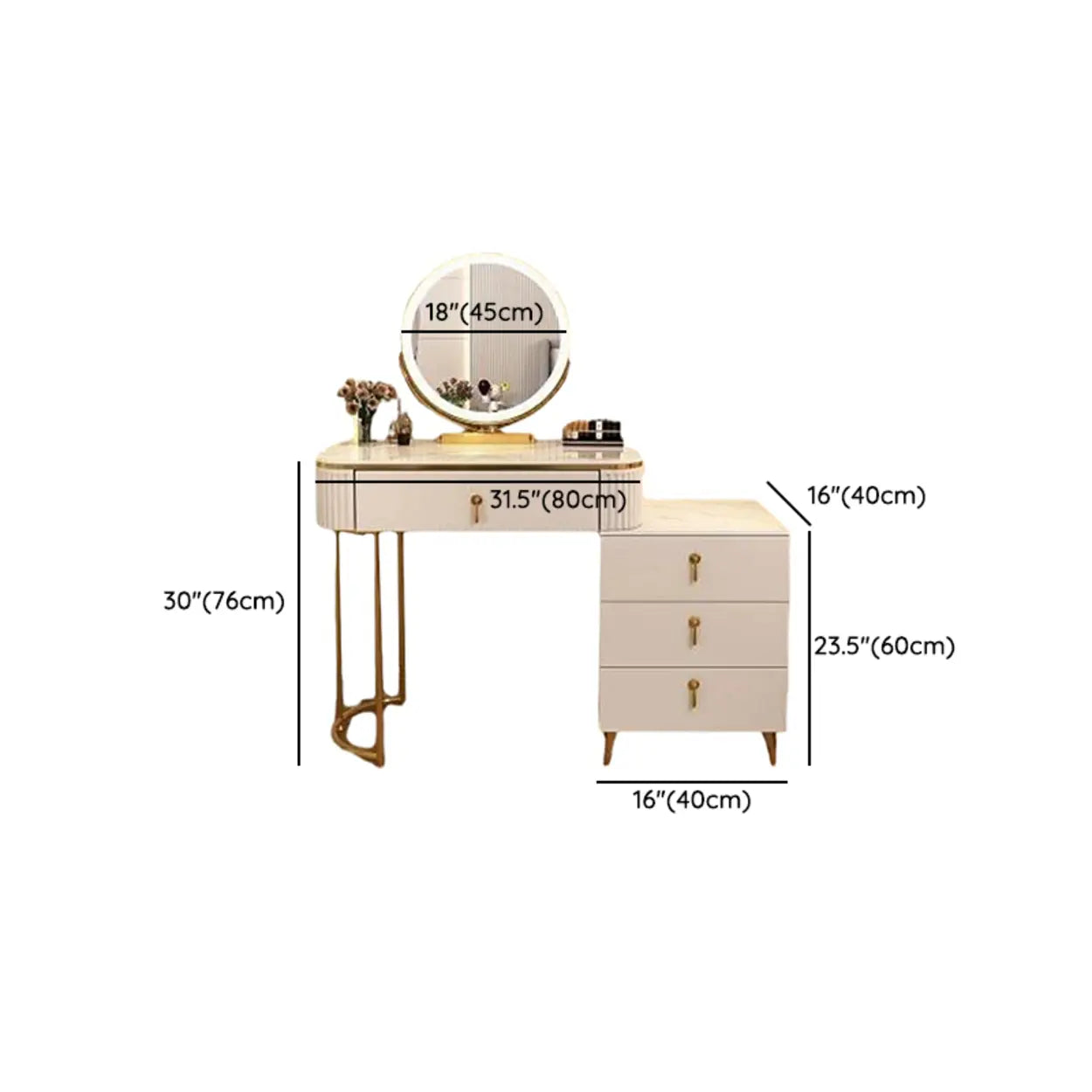 White Stone Wood Vanity with Drawers Mirror