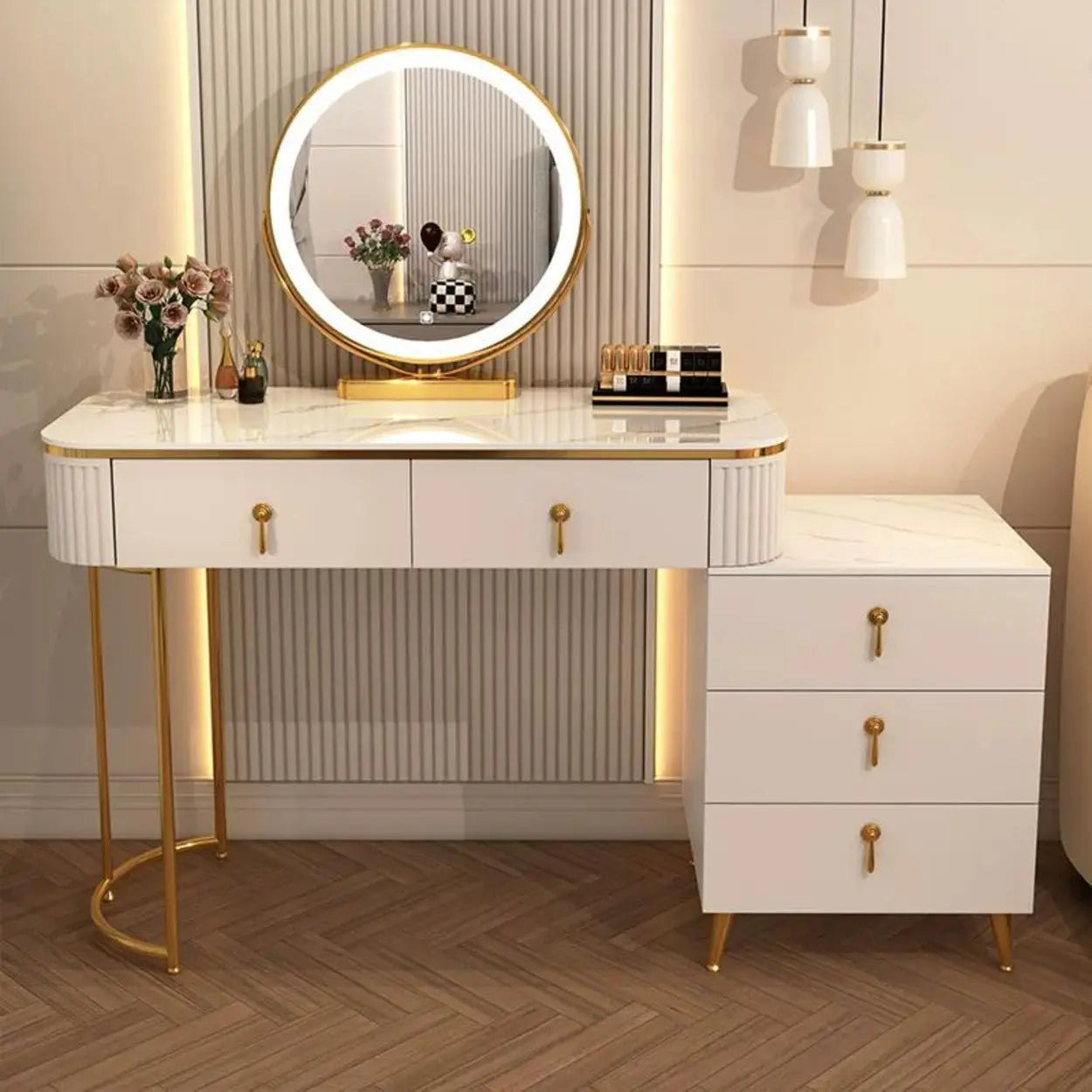 White Stone Wood Vanity with Drawers Mirror — Cabinet / Grey