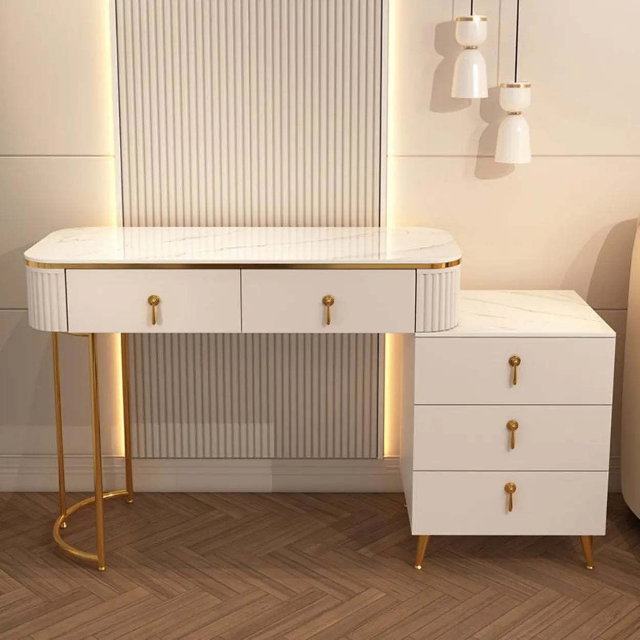 White Stone Wood Vanity with Drawers Mirror — Makeup Vanity & Cabinet / White