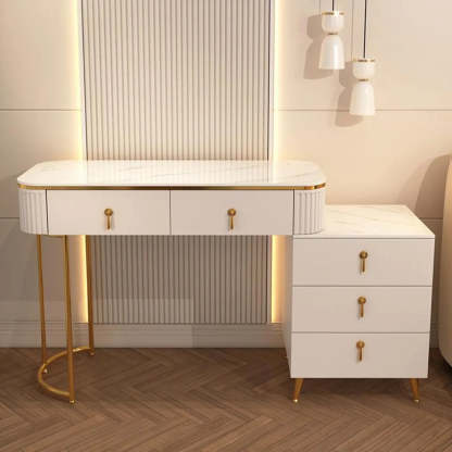 White Stone Wood Vanity with Drawers Mirror — Makeup Vanity & Cabinet / White