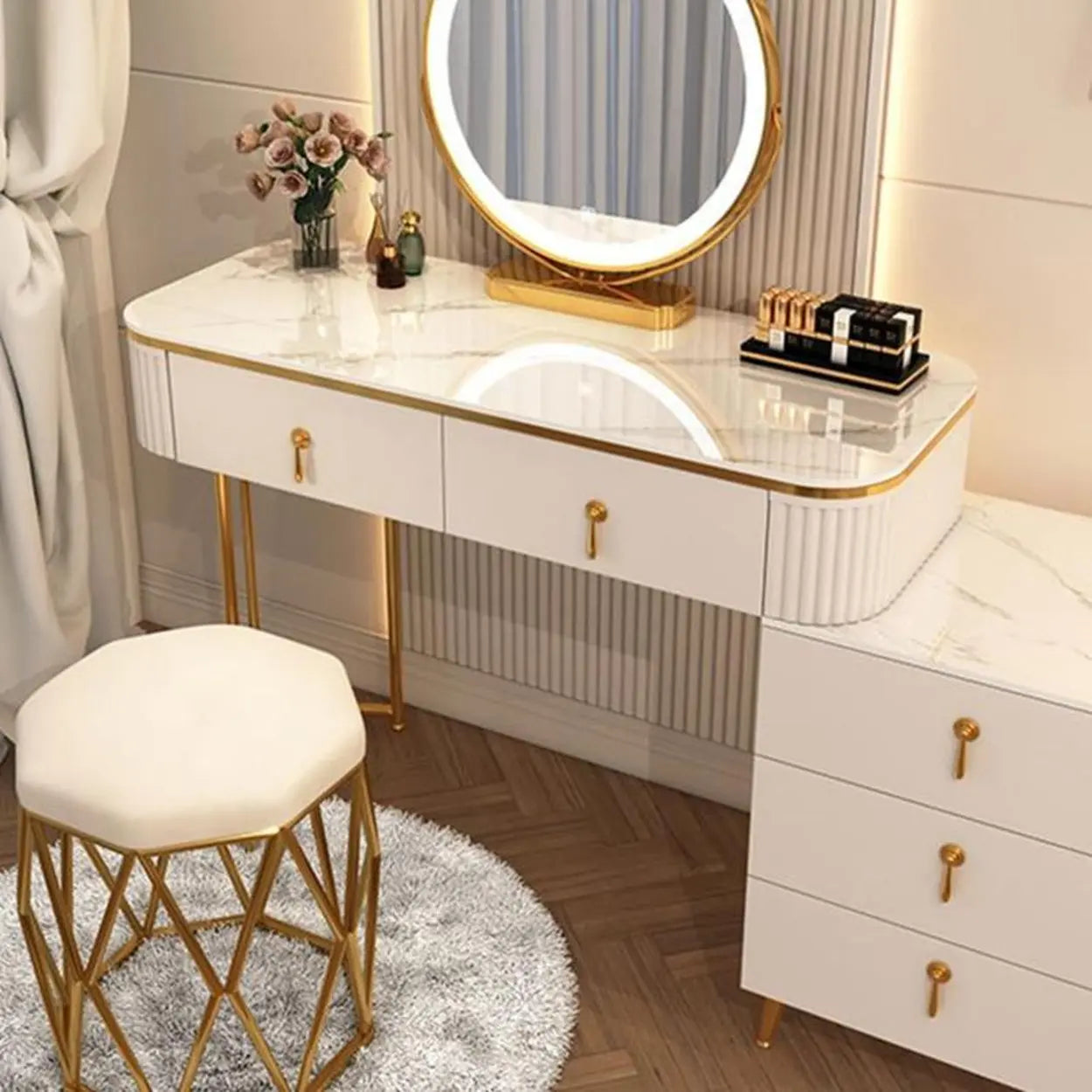 White Stone Wood Vanity with Drawers Mirror — Makeup Vanity & Cabinet & Mirror / White
