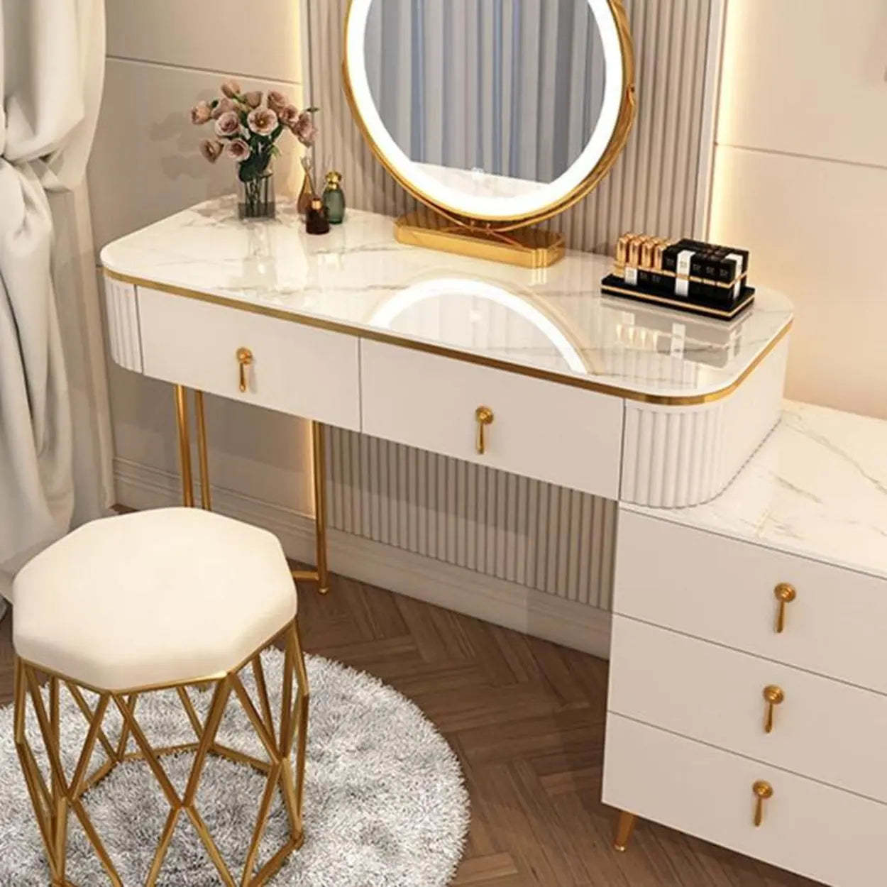 White Stone Wood Vanity with Drawers Mirror — Makeup Vanity & Cabinet & Mirror / White