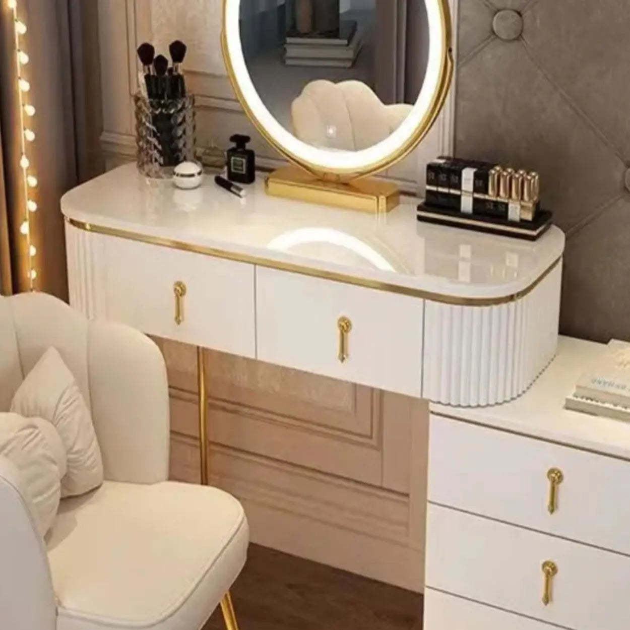 White Stone Wood Vanity with Drawers Mirror — Makeup Vanity & Cabinet & Mirror / White