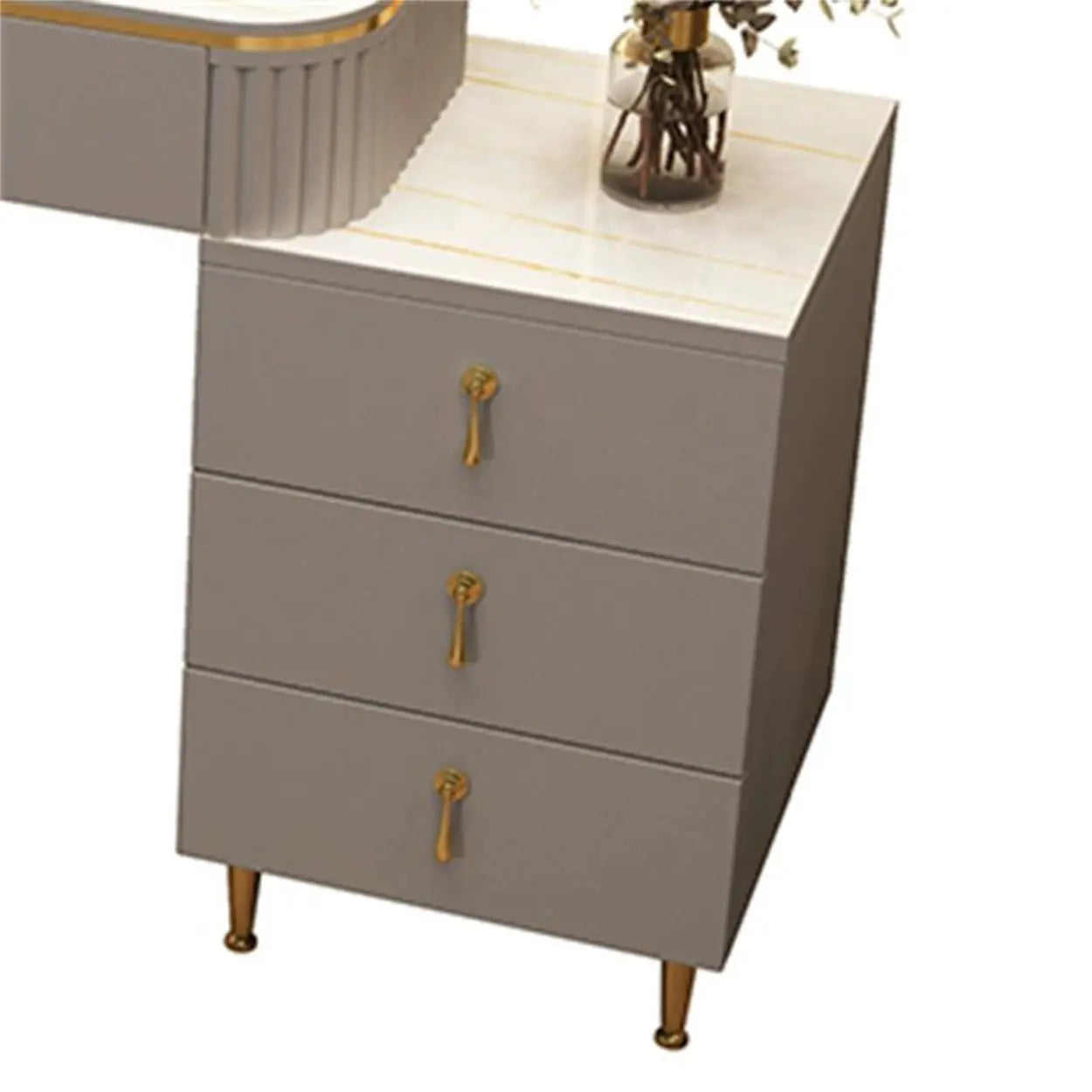 White Stone Wood Vanity with Drawers Mirror — Makeup Vanity & Cabinet / White