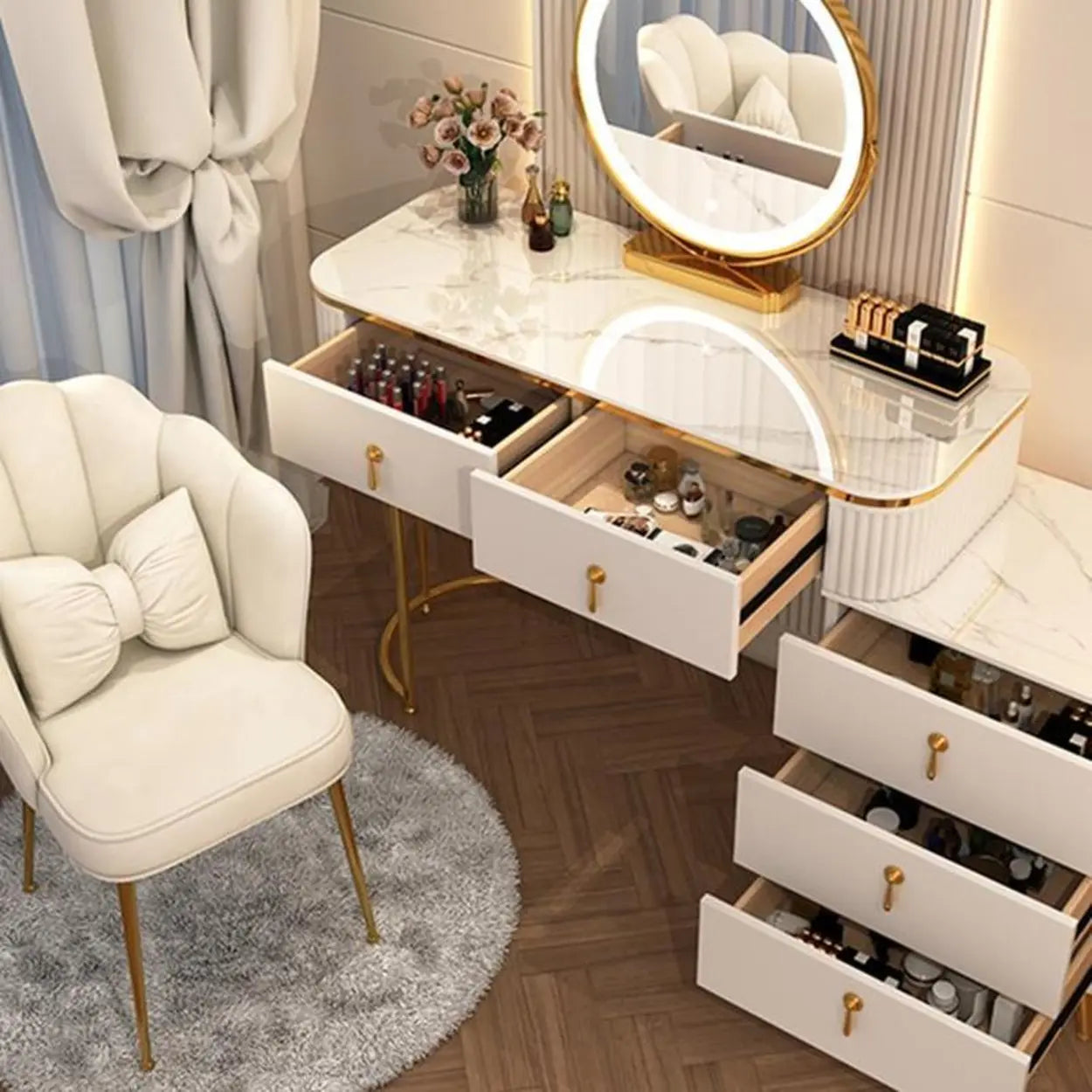 White Stone Wood Vanity with Drawers Mirror