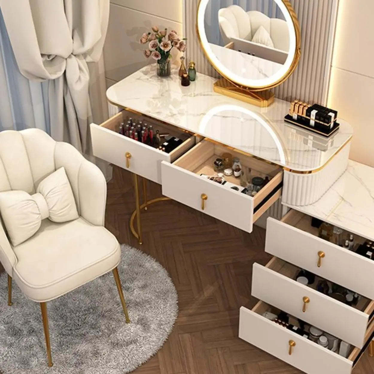 White Stone Wood Vanity with Drawers Mirror
