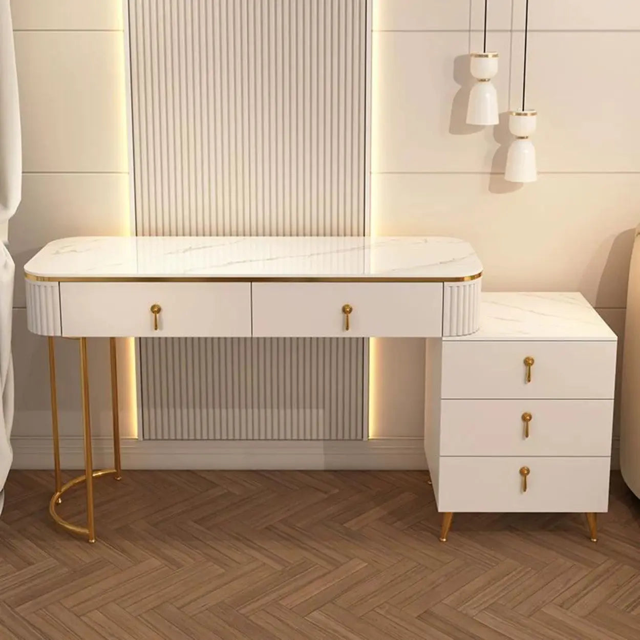 White Stone Wood Vanity with Drawers Mirror