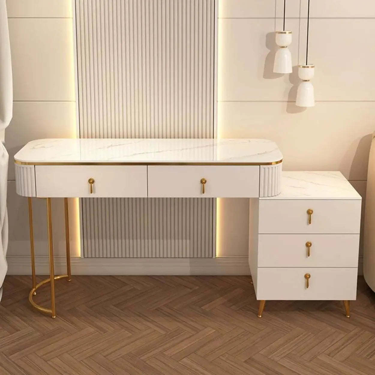 White Stone Wood Vanity with Drawers Mirror