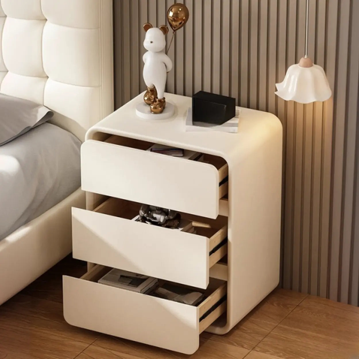 White 3-Drawer Pine Wood Square Leather Nightstand