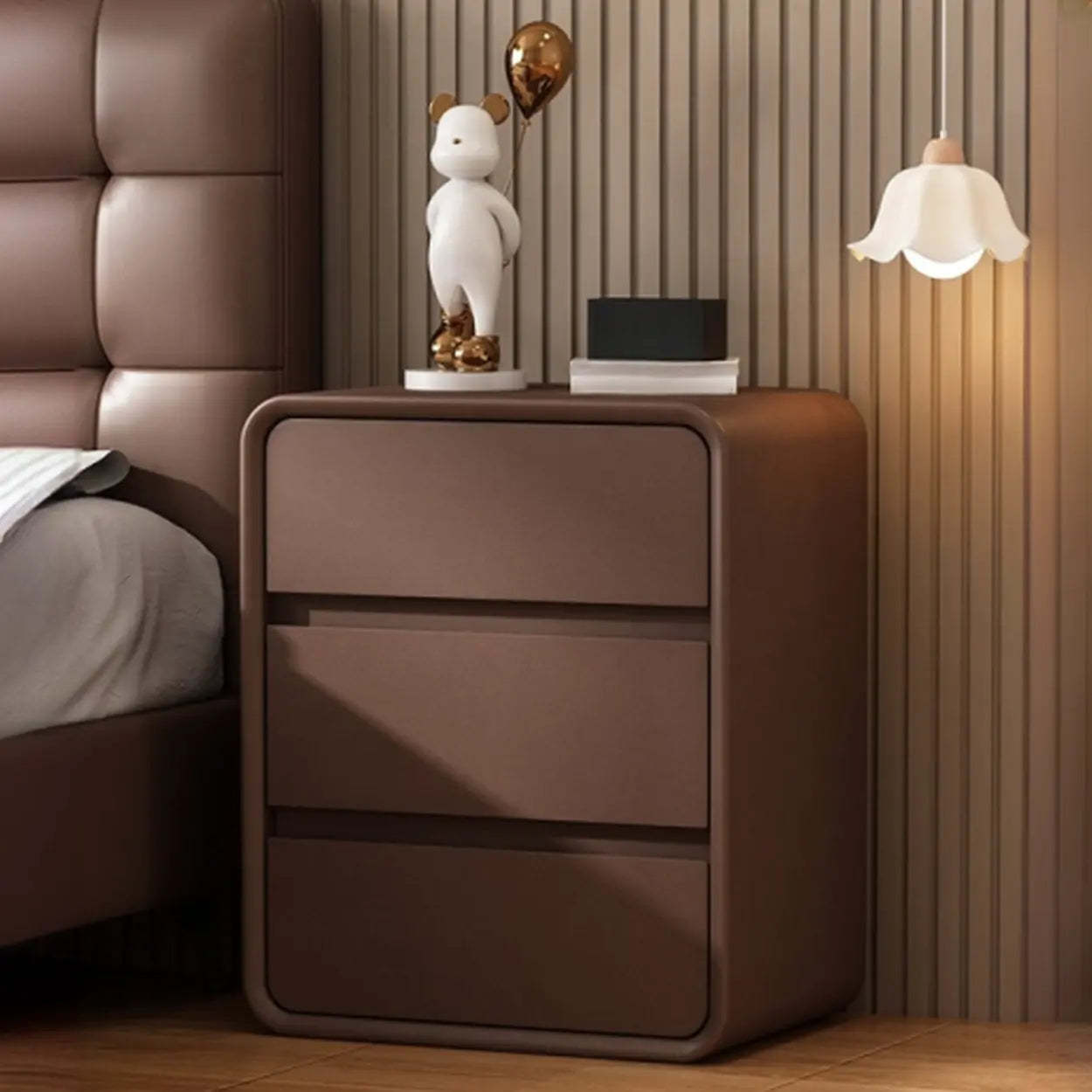 White 3-Drawer Pine Wood Square Leather Nightstand — White