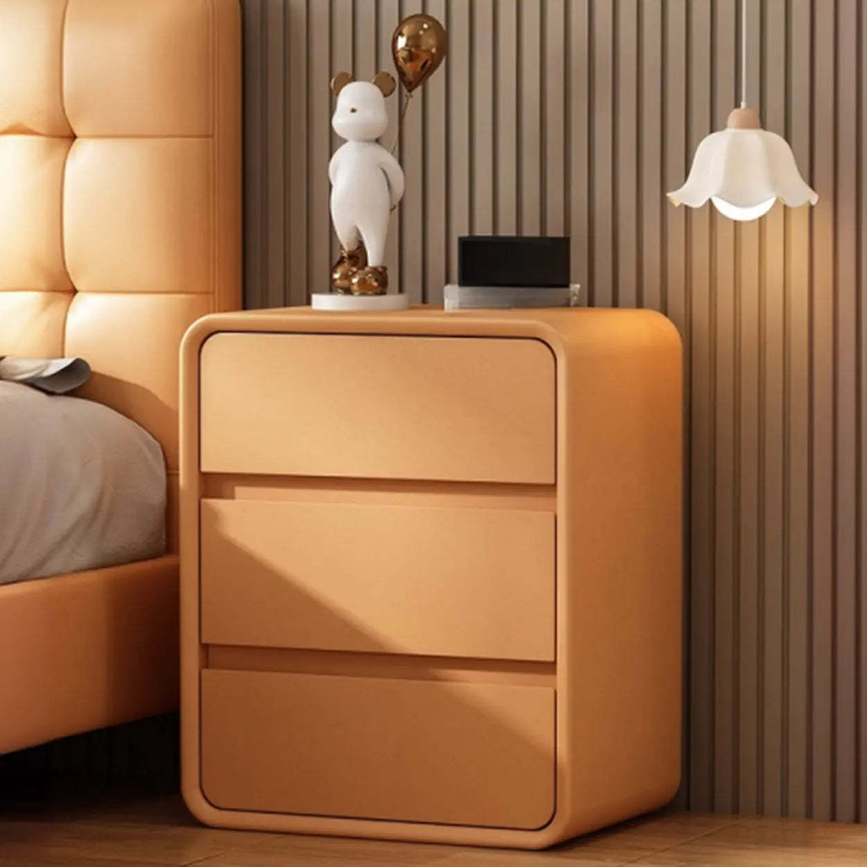 White 3-Drawer Pine Wood Square Leather Nightstand — Brown
