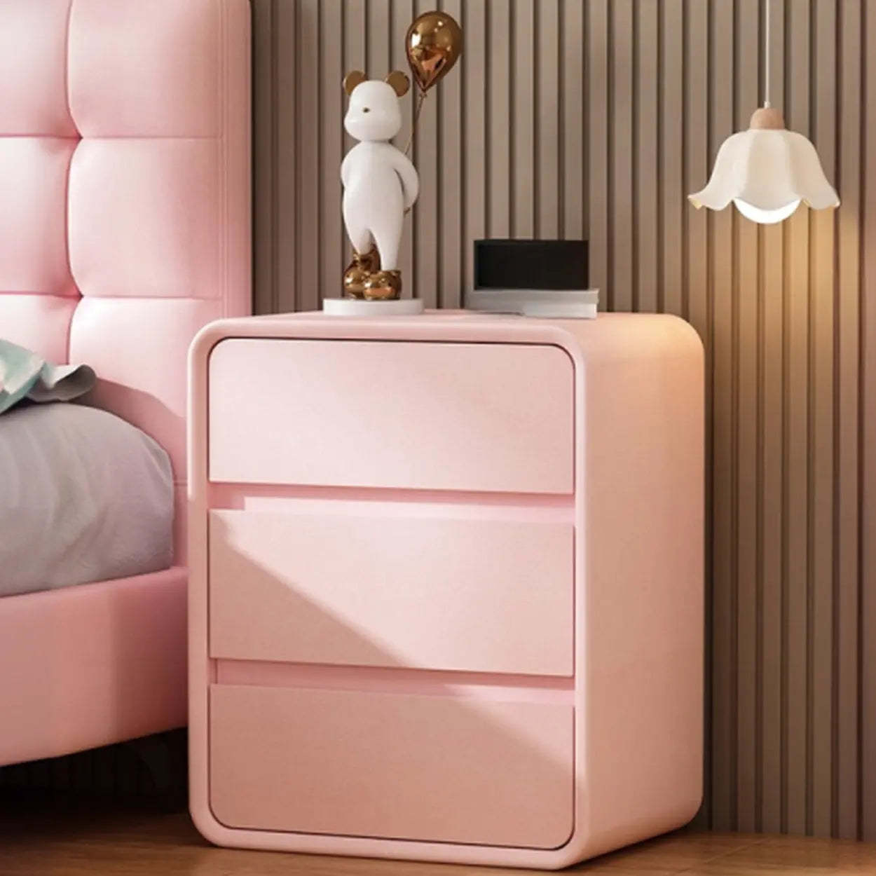 White 3-Drawer Pine Wood Square Leather Nightstand — Pink
