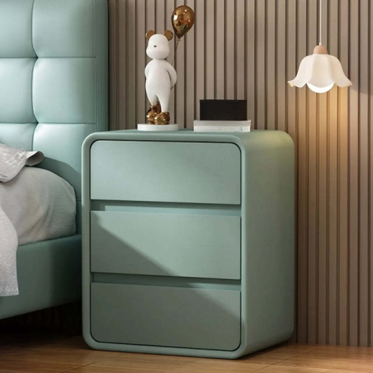White 3-Drawer Pine Wood Square Leather Nightstand — Orange
