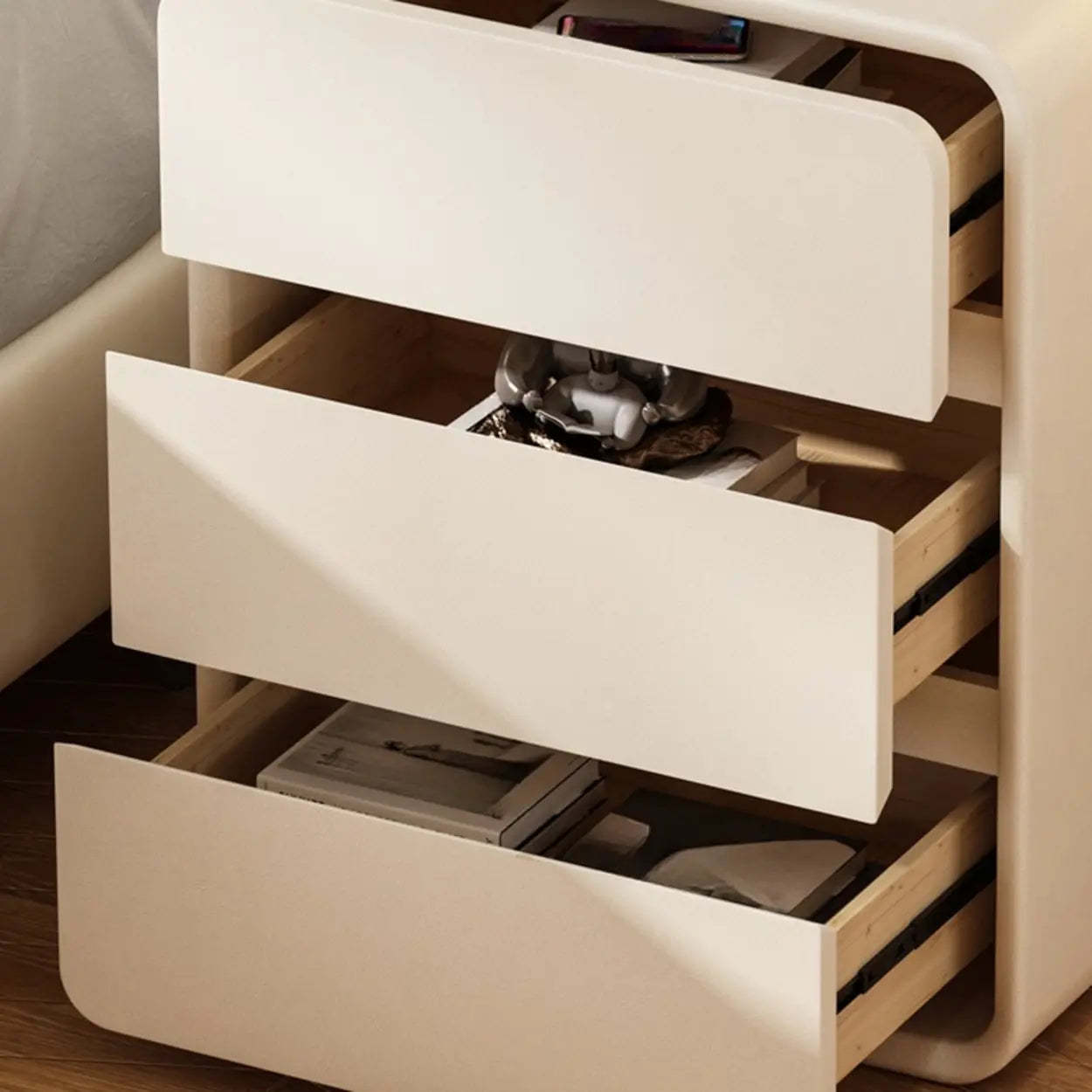 White 3-Drawer Pine Wood Square Leather Nightstand — Black