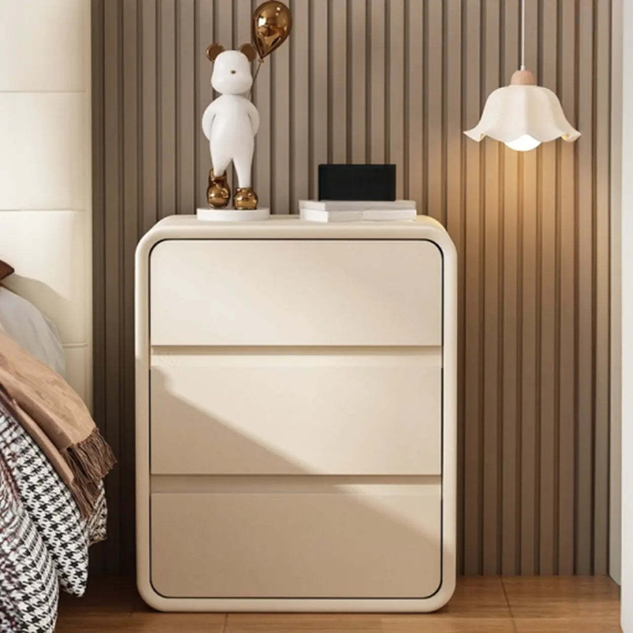 White 3-Drawer Pine Wood Square Leather Nightstand — White