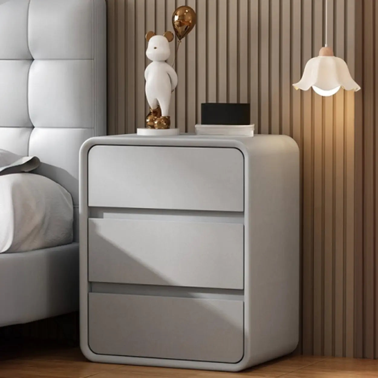 White 3-Drawer Pine Wood Square Leather Nightstand — Milk Tea Color