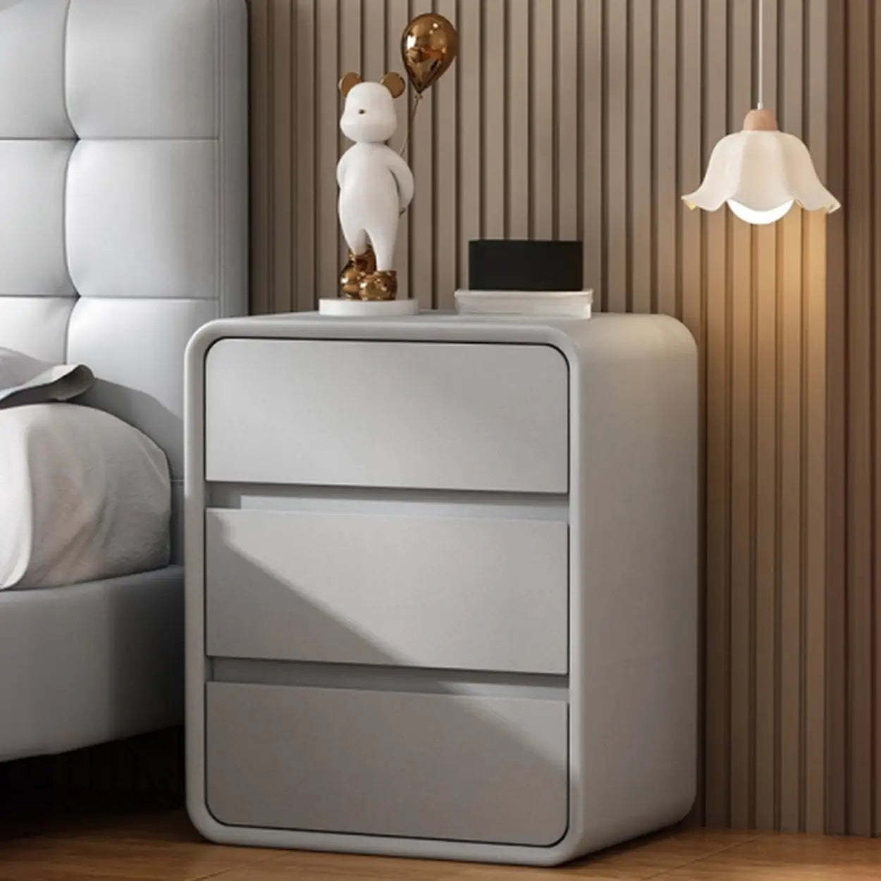 White 3-Drawer Pine Wood Square Leather Nightstand — Milk Tea Color