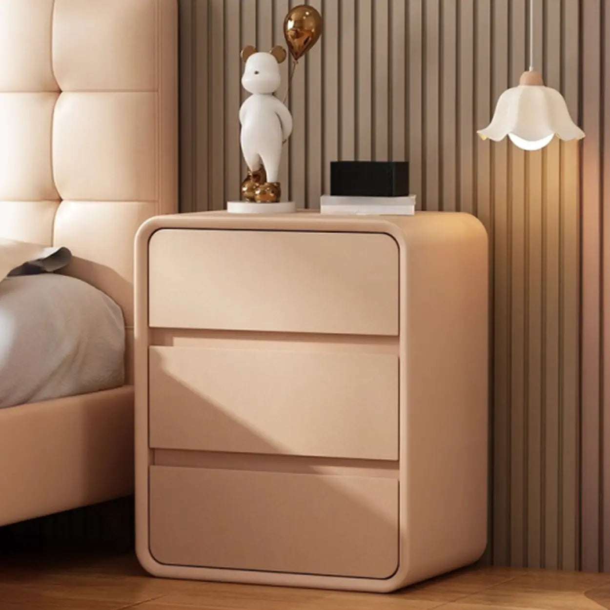 White 3-Drawer Pine Wood Square Leather Nightstand — Pink