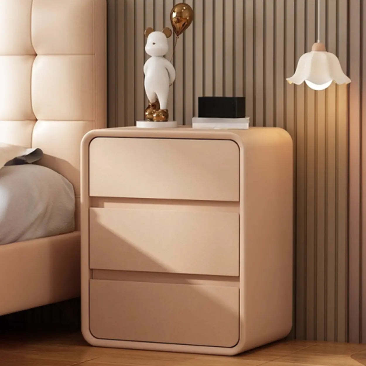 White 3-Drawer Pine Wood Square Leather Nightstand — Pink